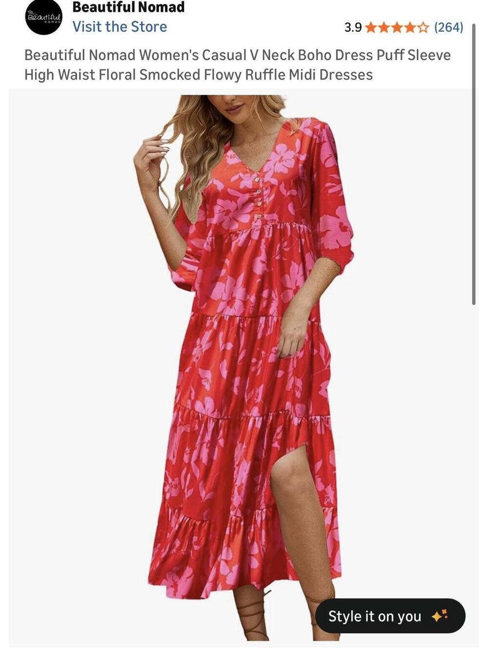 Beautiful Nomad Women's Casual V Neck Boho Dress Puff Sleeve High Waist Floral R